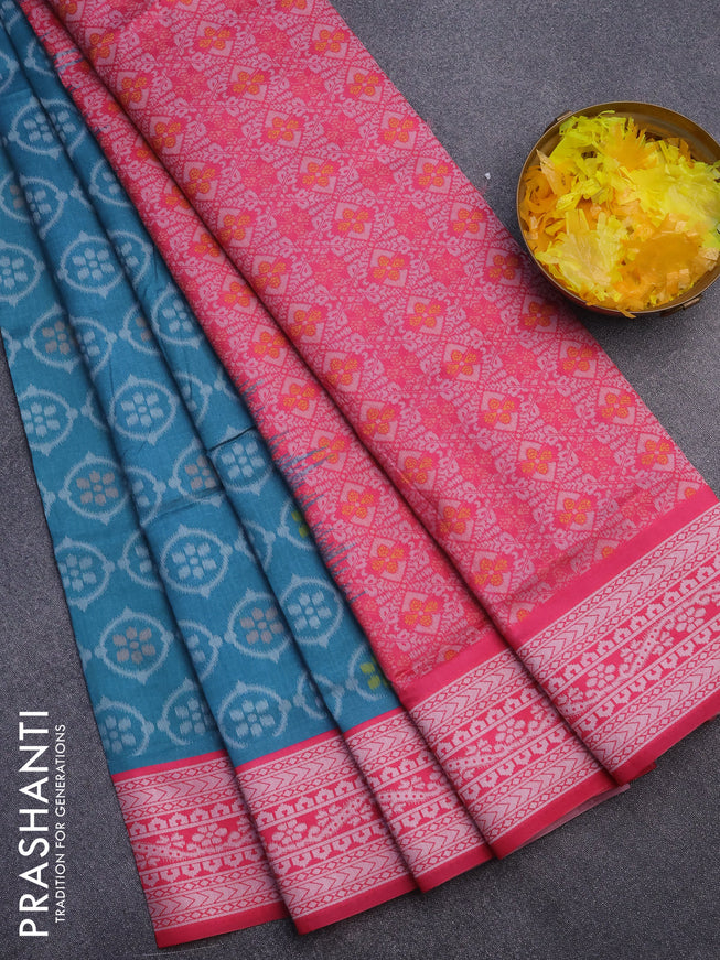 Sambalpuri semi silk saree candy pink and teal green shade with allover ikat weaves and thread woven border