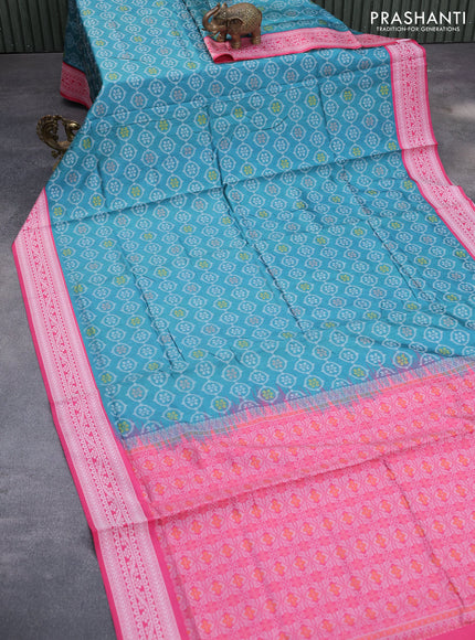 Sambalpuri semi silk saree candy pink and teal green shade with allover ikat weaves and thread woven border