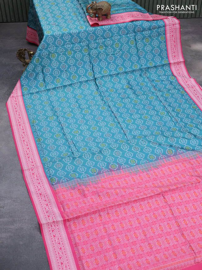 Sambalpuri semi silk saree candy pink and teal green shade with allover ikat weaves and thread woven border