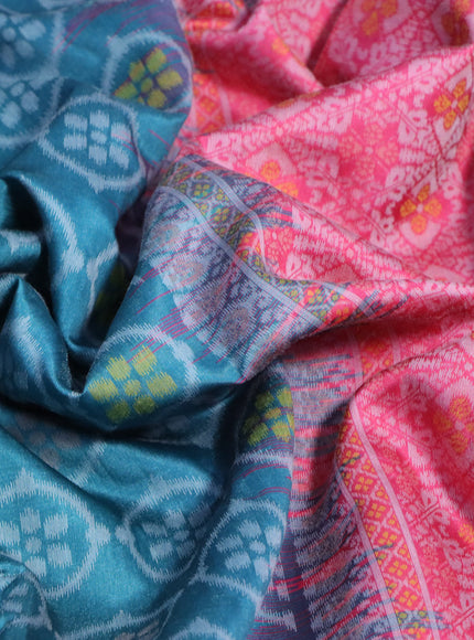 Sambalpuri semi silk saree candy pink and teal green shade with allover ikat weaves and thread woven border