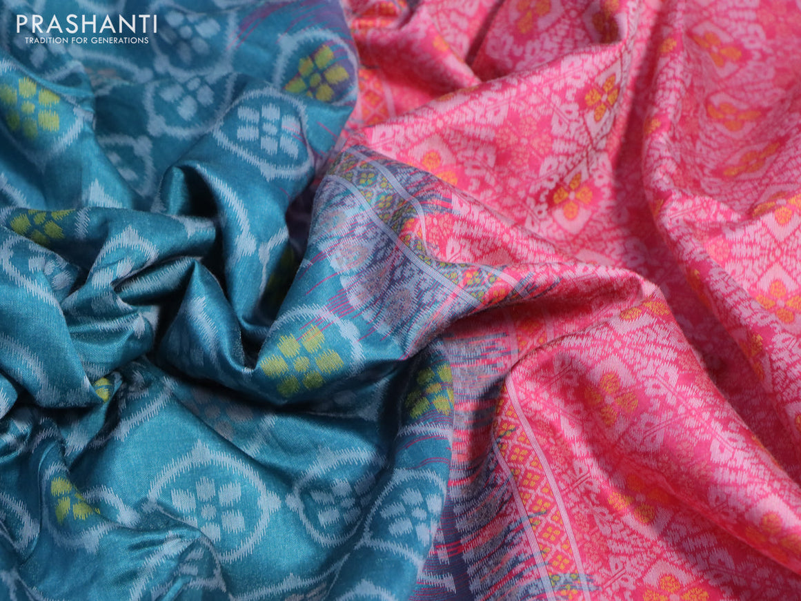 Sambalpuri semi silk saree candy pink and teal green shade with allover ikat weaves and thread woven border