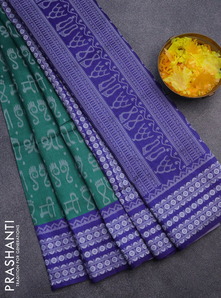 Sambalpuri semi silk saree green and blue with allover ikat weaves and thread woven border