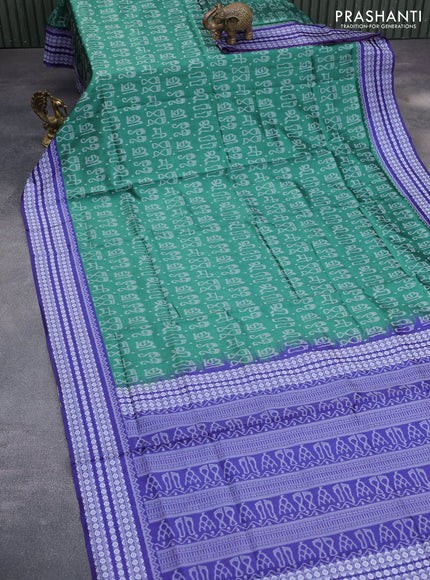 Sambalpuri semi silk saree green and blue with allover ikat weaves and thread woven border