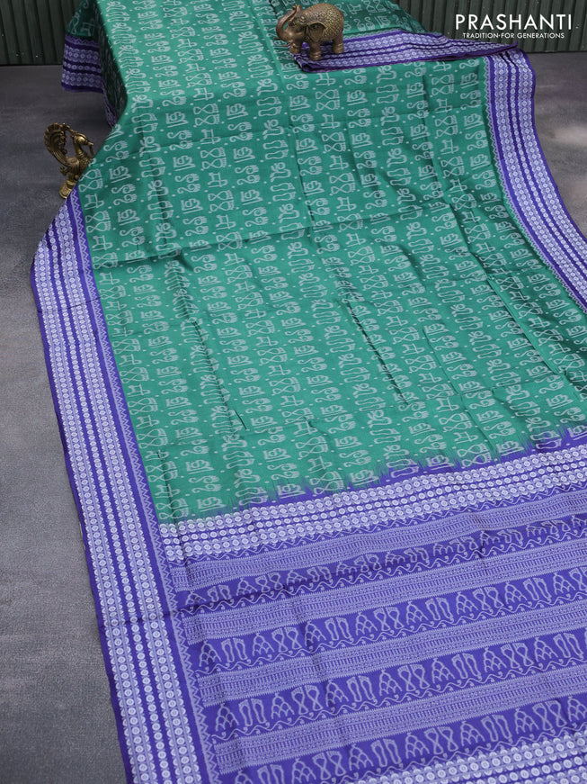 Sambalpuri semi silk saree green and blue with allover ikat weaves and thread woven border