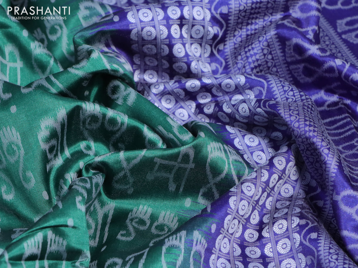 Sambalpuri semi silk saree green and blue with allover ikat weaves and thread woven border