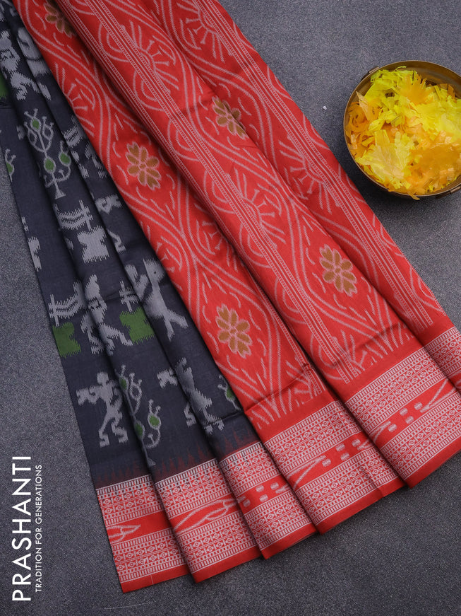 Sambalpuri semi silk saree elephant grey and red with allover ikat weaves and thread woven border