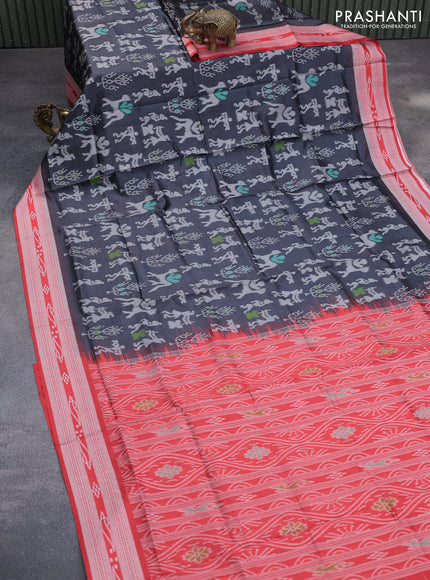 Sambalpuri semi silk saree elephant grey and red with allover ikat weaves and thread woven border