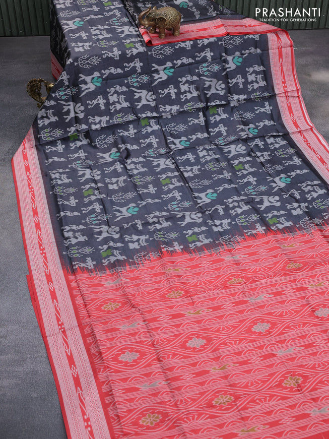 Sambalpuri semi silk saree elephant grey and red with allover ikat weaves and thread woven border