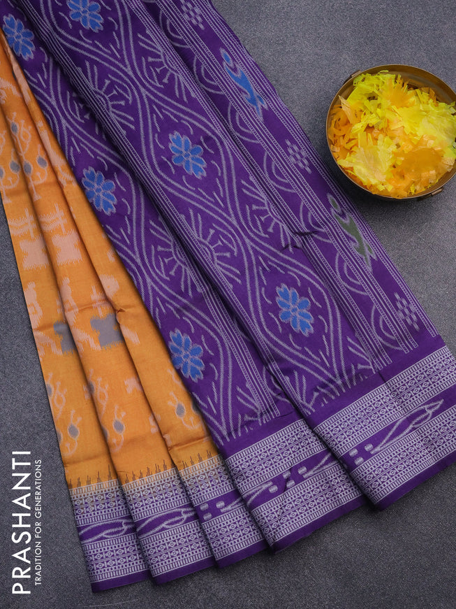 Sambalpuri semi silk saree mango yellow and violet with allover ikat weaves and thread woven border