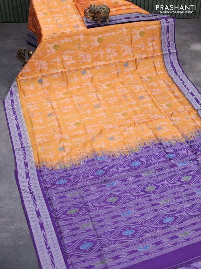 Sambalpuri semi silk saree mango yellow and violet with allover ikat weaves and thread woven border