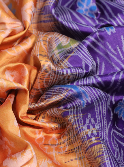 Sambalpuri semi silk saree mango yellow and violet with allover ikat weaves and thread woven border