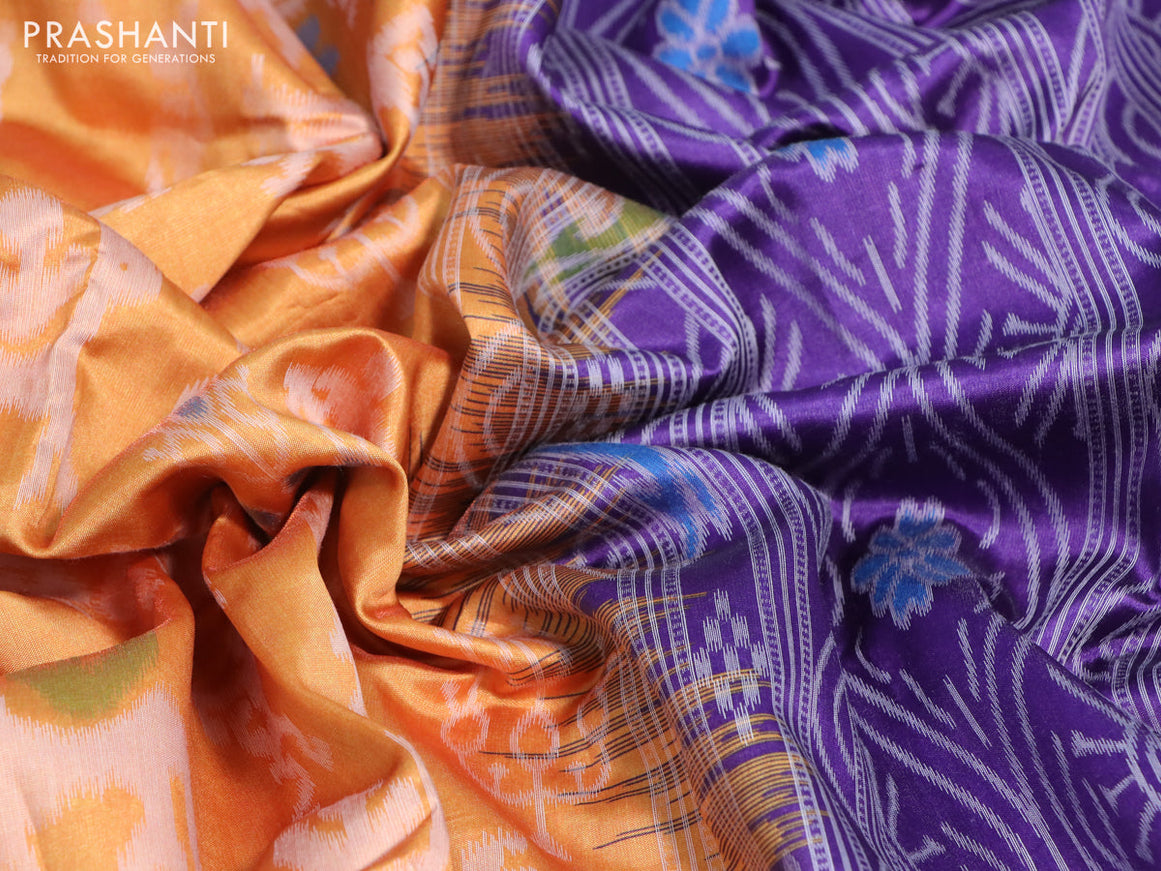 Sambalpuri semi silk saree mango yellow and violet with allover ikat weaves and thread woven border