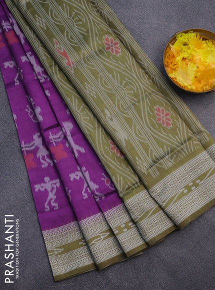 Sambalpuri semi silk saree purple and mehendi green with allover ikat weaves and thread woven border