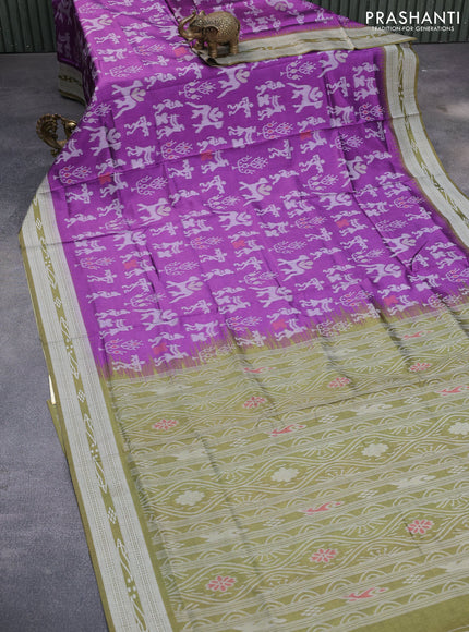 Sambalpuri semi silk saree purple and mehendi green with allover ikat weaves and thread woven border