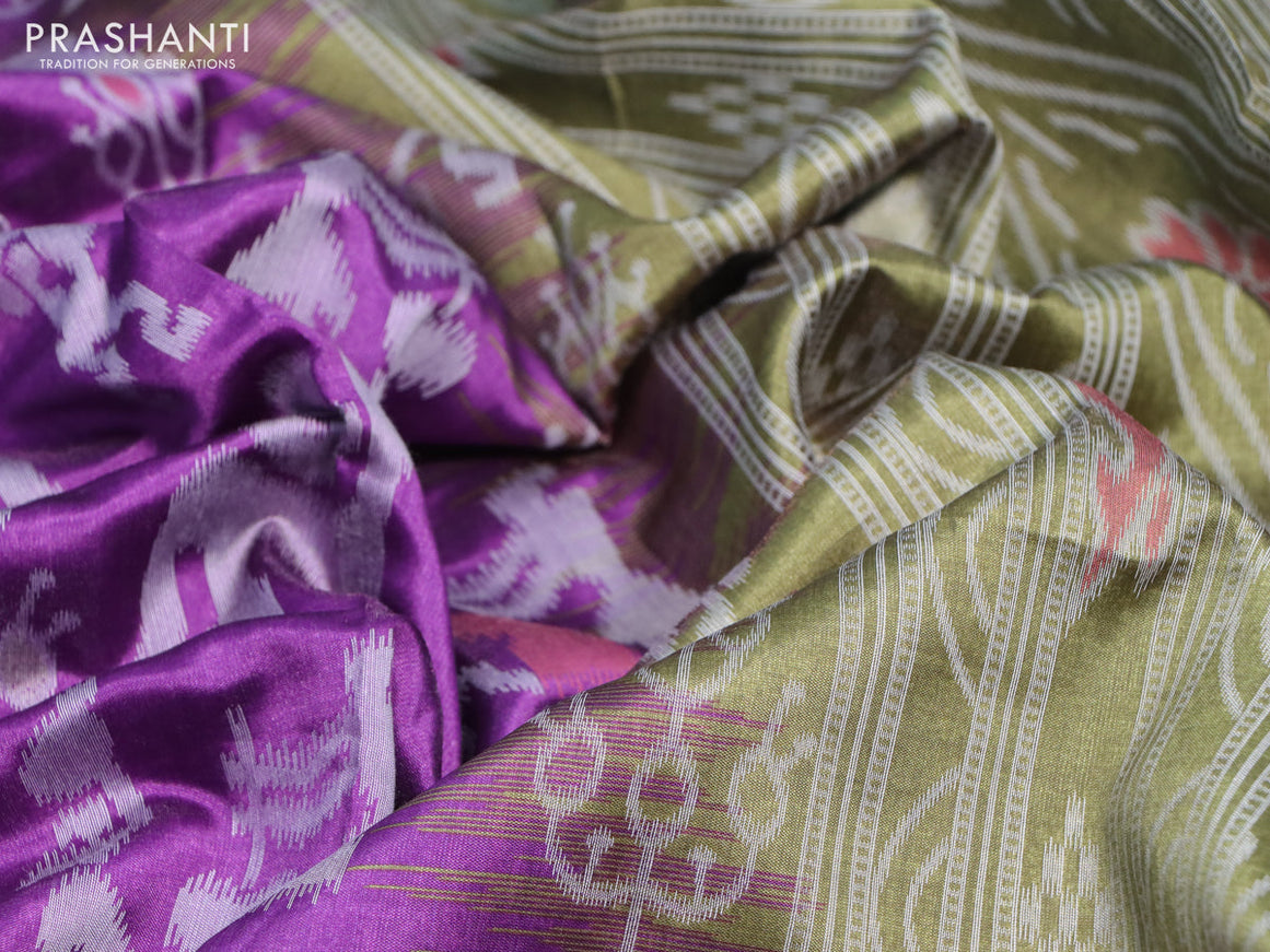 Sambalpuri semi silk saree purple and mehendi green with allover ikat weaves and thread woven border