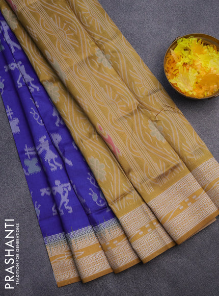 Sambalpuri semi silk saree blue and mustard yellow with allover ikat weaves and thread woven border