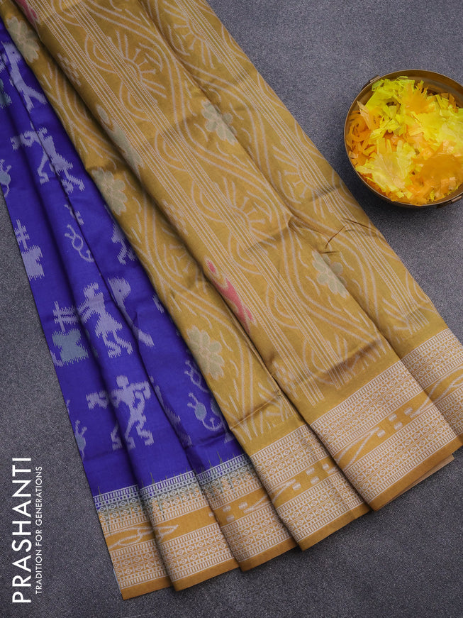 Sambalpuri semi silk saree blue and mustard yellow with allover ikat weaves and thread woven border