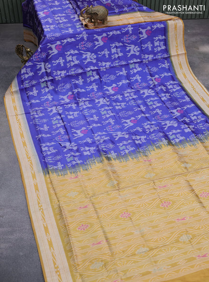 Sambalpuri semi silk saree blue and mustard yellow with allover ikat weaves and thread woven border