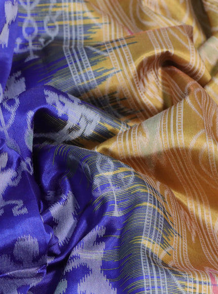 Sambalpuri semi silk saree blue and mustard yellow with allover ikat weaves and thread woven border