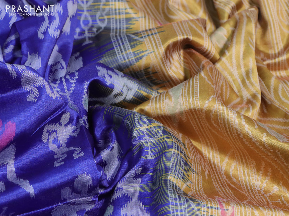 Sambalpuri semi silk saree blue and mustard yellow with allover ikat weaves and thread woven border