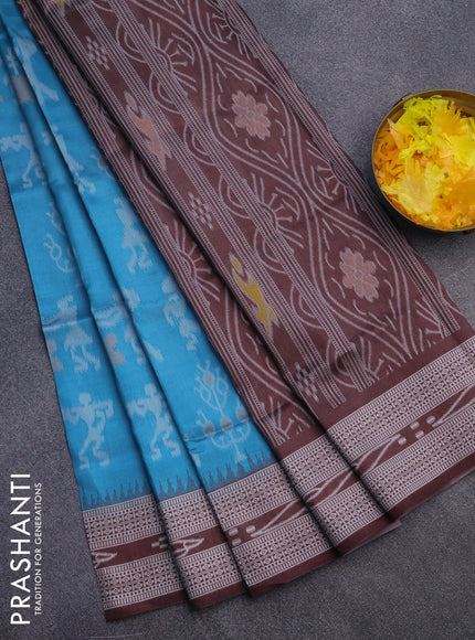 Sambalpuri semi silk saree teal blue and coffee brown with allover ikat weaves and thread woven border