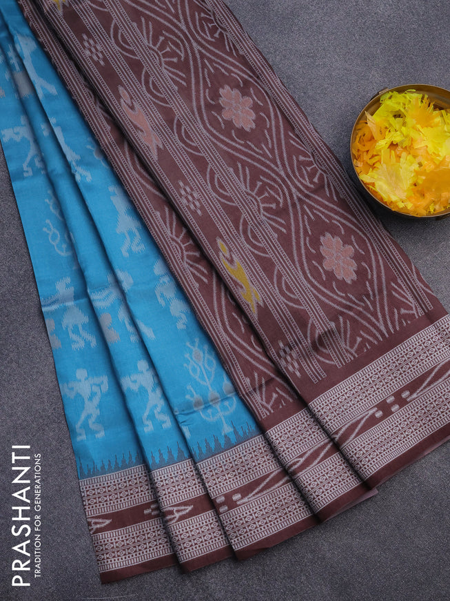 Sambalpuri semi silk saree teal blue and coffee brown with allover ikat weaves and thread woven border