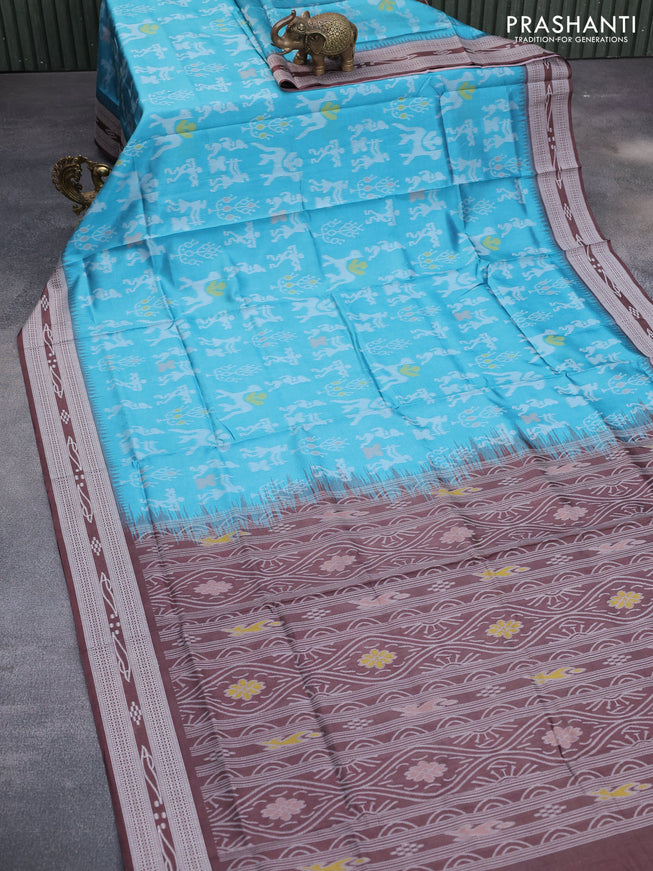 Sambalpuri semi silk saree teal blue and coffee brown with allover ikat weaves and thread woven border