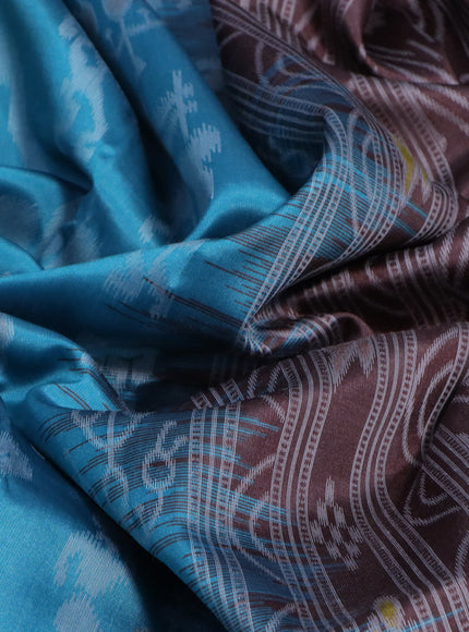 Sambalpuri semi silk saree teal blue and coffee brown with allover ikat weaves and thread woven border