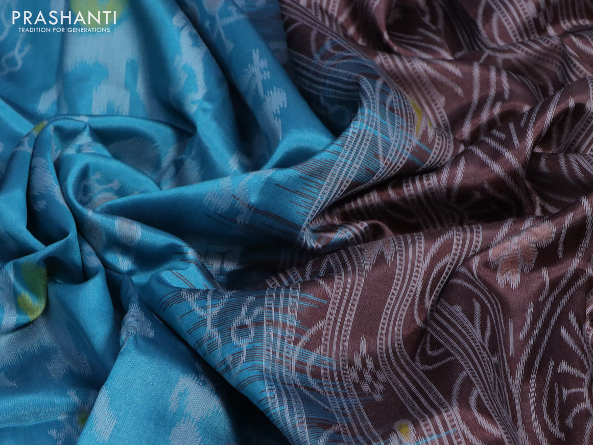 Sambalpuri semi silk saree teal blue and coffee brown with allover ikat weaves and thread woven border