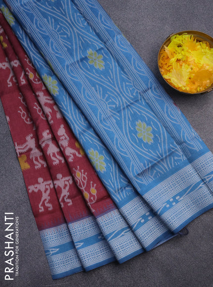 Sambalpuri semi silk saree pastel maroon and pastel blue with allover ikat weaves and thread woven border