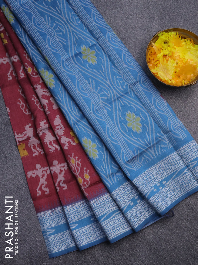 Sambalpuri semi silk saree pastel maroon and pastel blue with allover ikat weaves and thread woven border