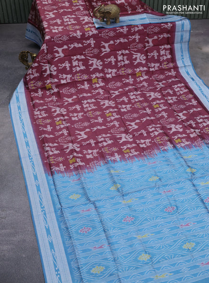 Sambalpuri semi silk saree pastel maroon and pastel blue with allover ikat weaves and thread woven border