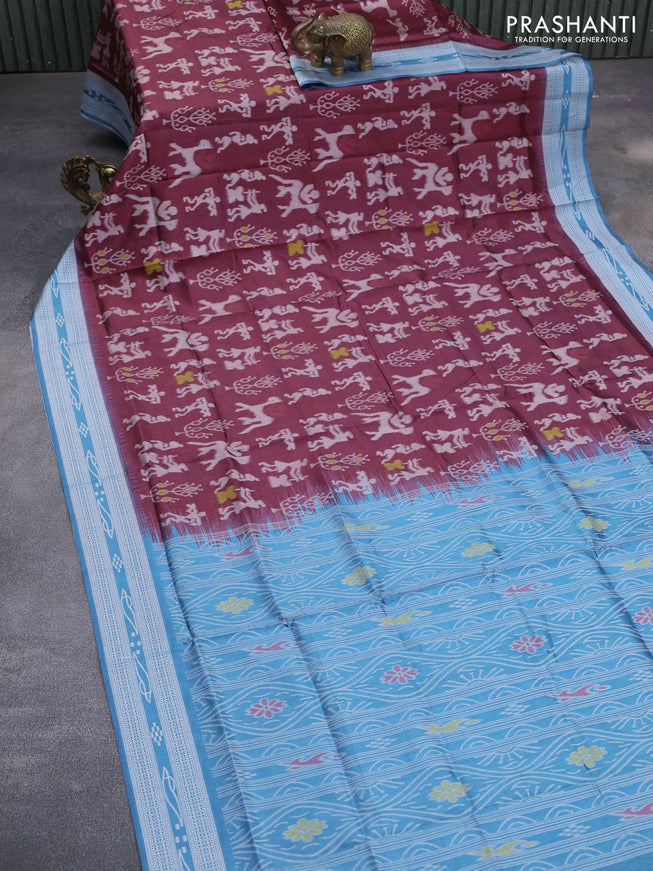 Sambalpuri semi silk saree pastel maroon and pastel blue with allover ikat weaves and thread woven border