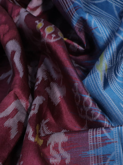 Sambalpuri semi silk saree pastel maroon and pastel blue with allover ikat weaves and thread woven border