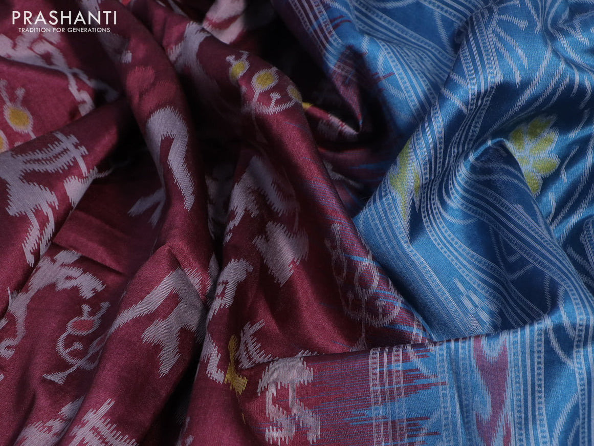 Sambalpuri semi silk saree pastel maroon and pastel blue with allover ikat weaves and thread woven border