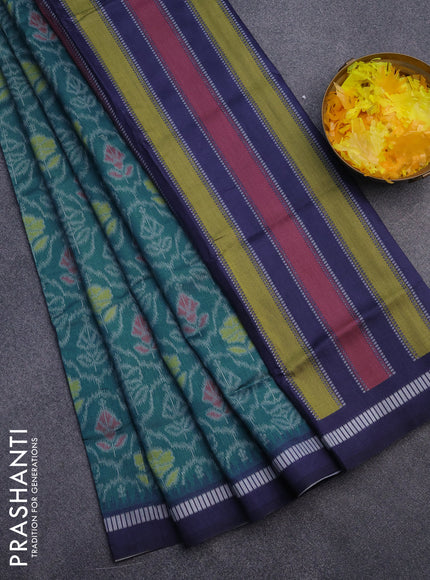 Sambalpuri semi silk saree teal green shade and multi colour with allover ikat weaves and thread woven border