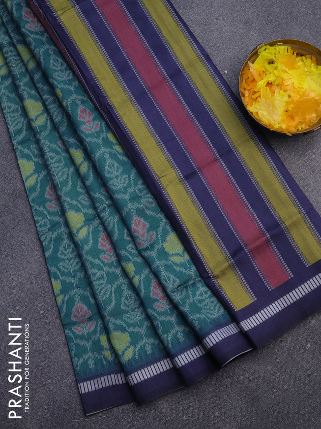 Sambalpuri semi silk saree teal green shade and multi colour with allover ikat weaves and thread woven border