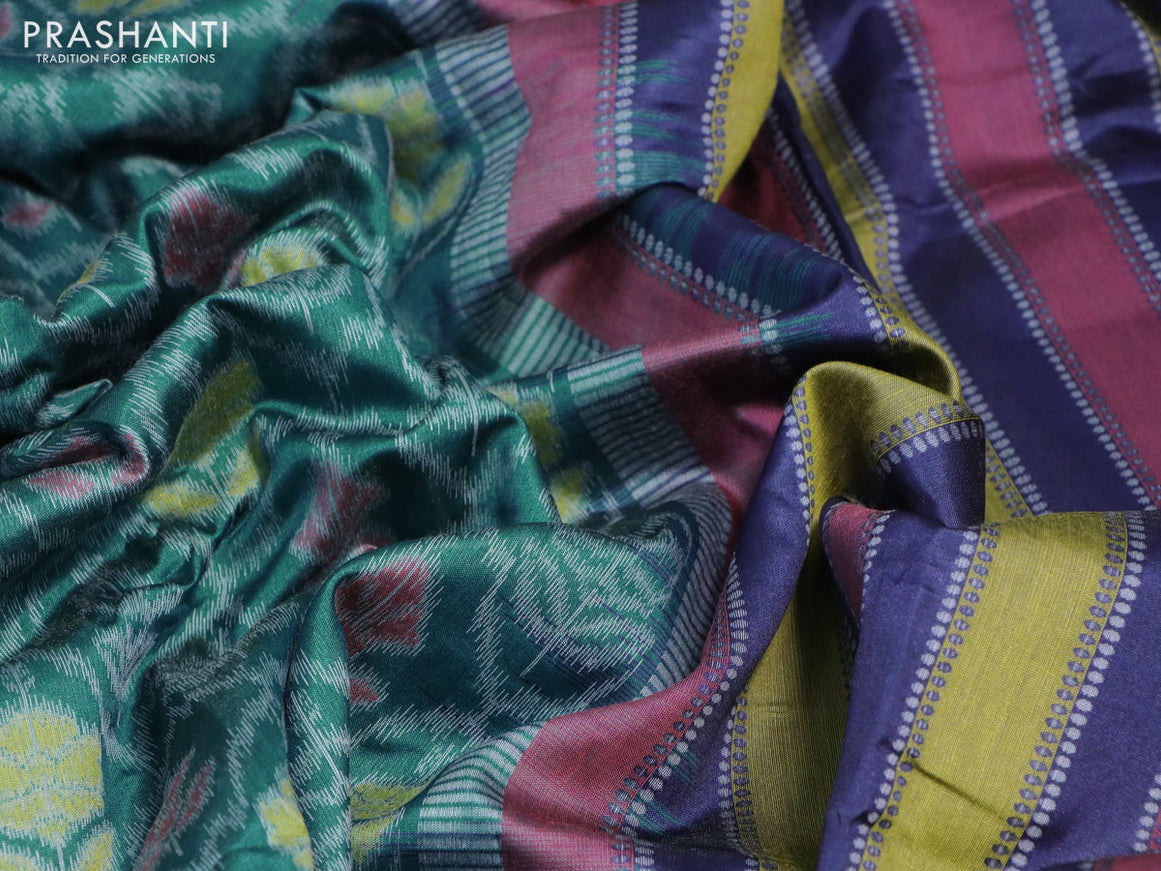 Sambalpuri semi silk saree teal green shade and multi colour with allover ikat weaves and thread woven border