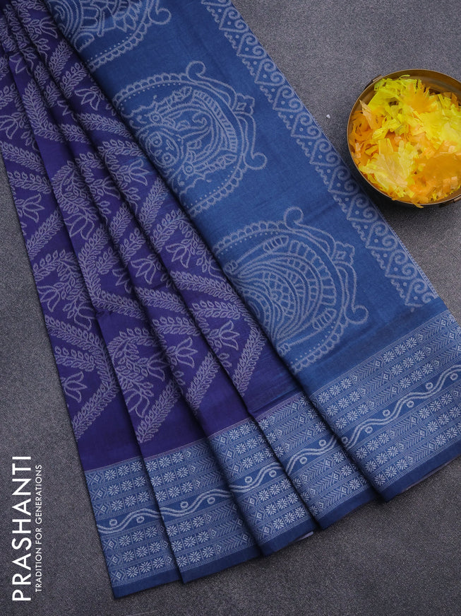 Sambalpuri semi silk saree navy blue and peacock blue with allover ikat weaves and thread woven border