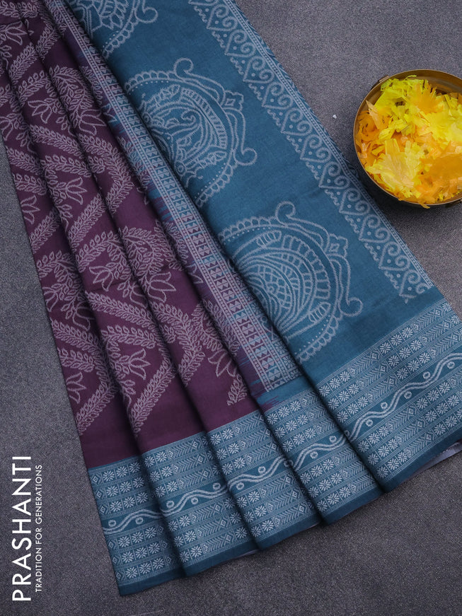 Sambalpuri semi silk saree wine shade and teal green with allover ikat weaves and thread woven border