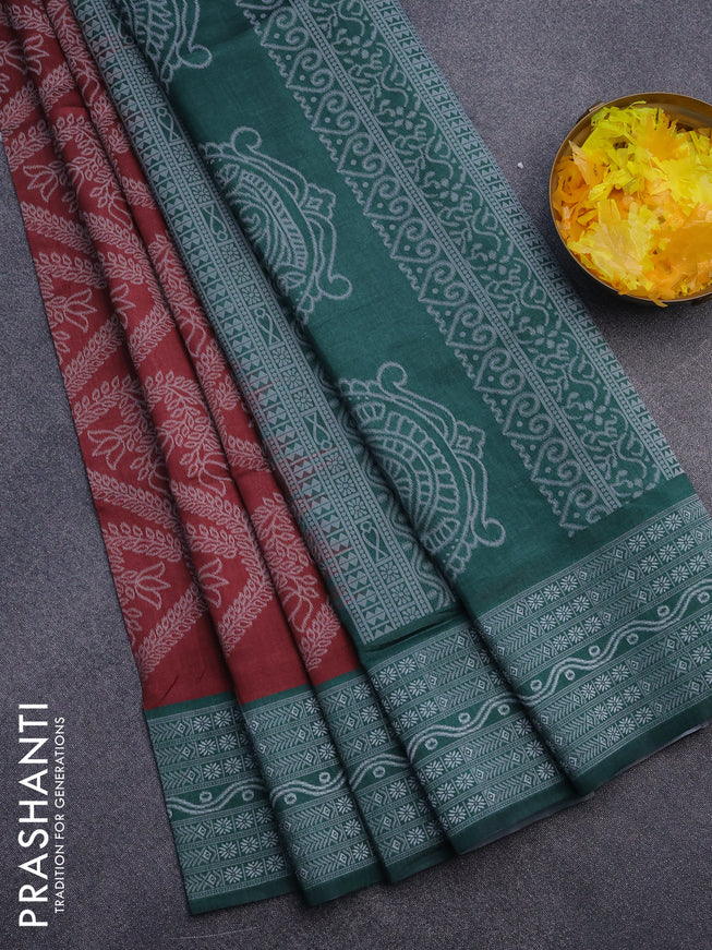 Sambalpuri semi silk saree maroon and green with allover ikat weaves and thread woven border