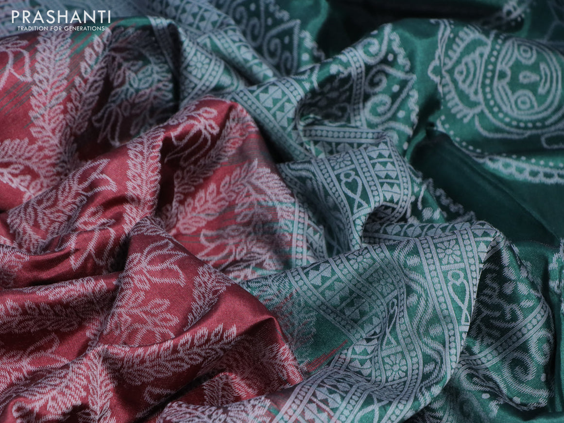 Sambalpuri semi silk saree maroon and green with allover ikat weaves and thread woven border