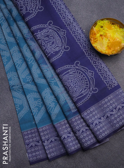 Sambalpuri semi silk saree teal green shade and navy blue with allover ikat weaves and thread woven border