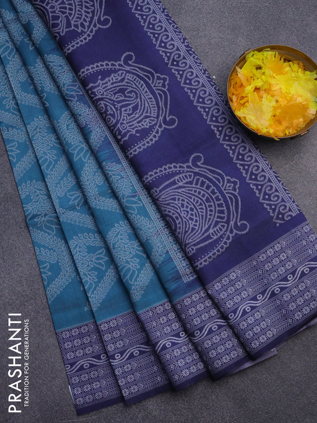 Sambalpuri semi silk saree teal green shade and navy blue with allover ikat weaves and thread woven border