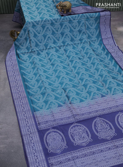 Sambalpuri semi silk saree teal green shade and navy blue with allover ikat weaves and thread woven border