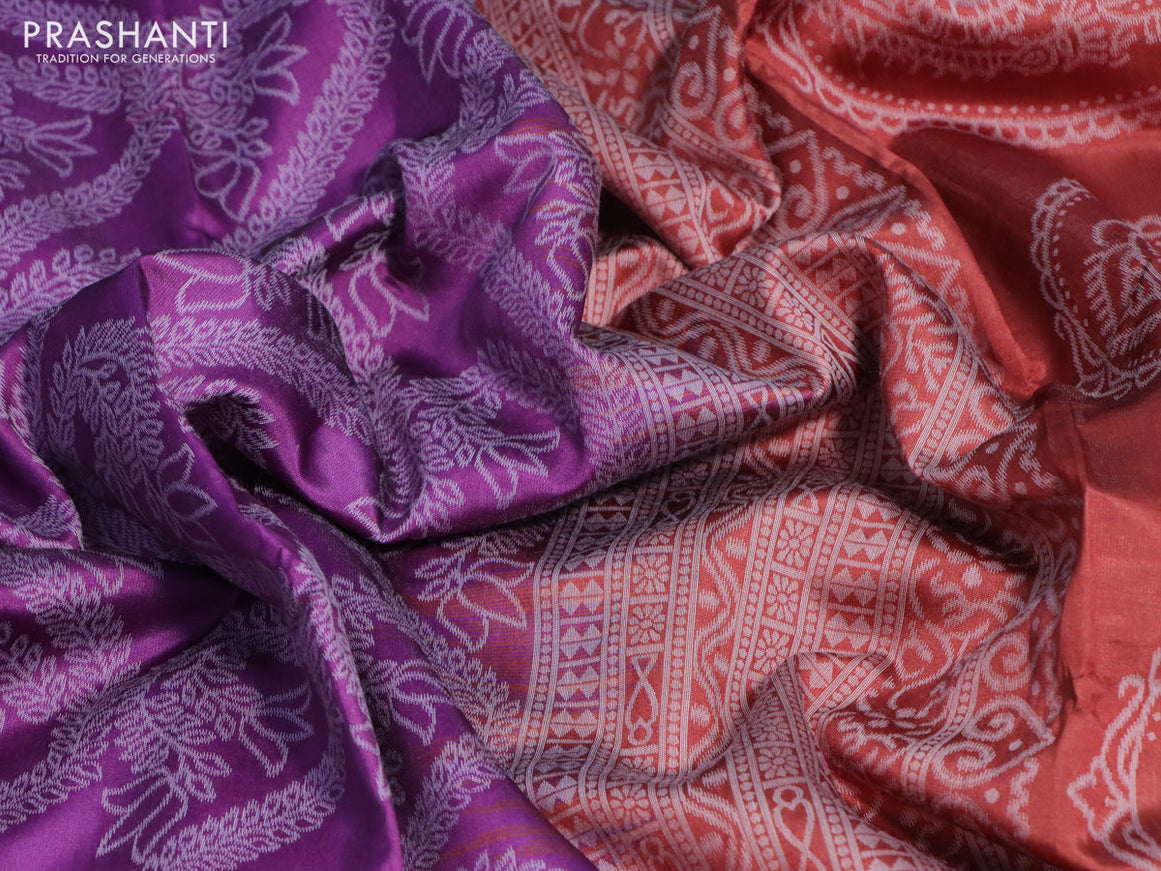 Sambalpuri semi silk saree purple and rustic maroon with allover ikat weaves and thread woven border