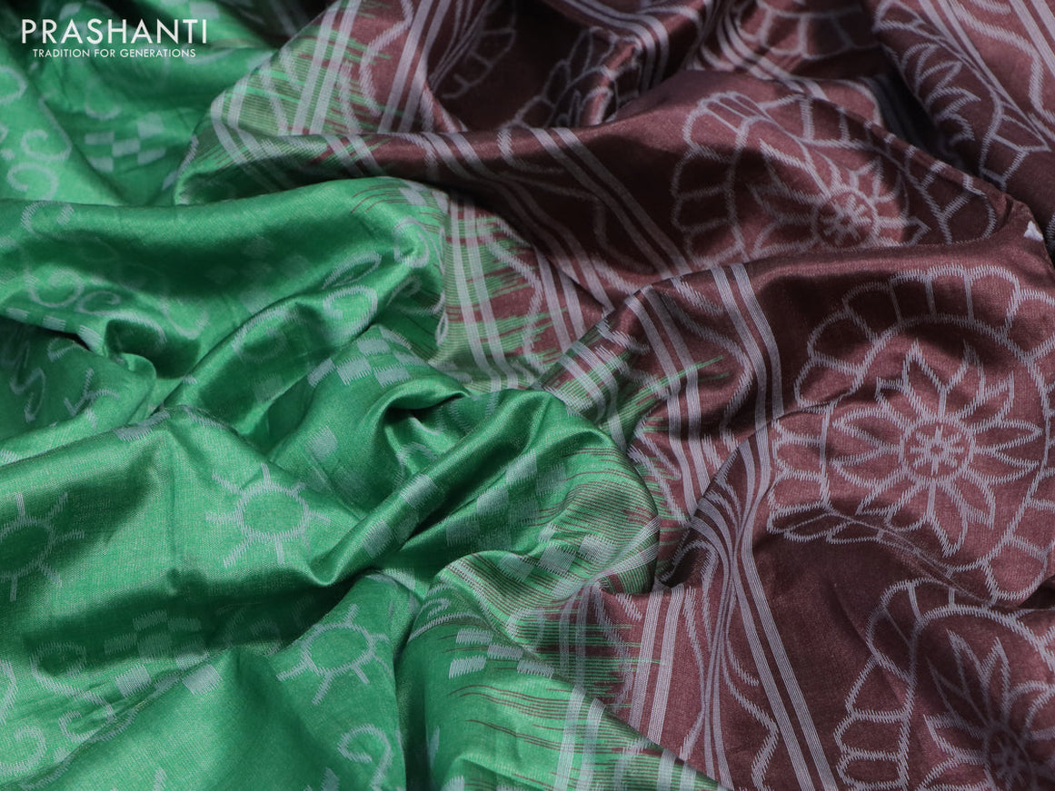 Sambalpuri semi silk saree green and brown with allover ikat weaves and thread woven border