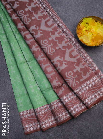 Sambalpuri semi silk saree green and brown with allover ikat weaves and thread woven border