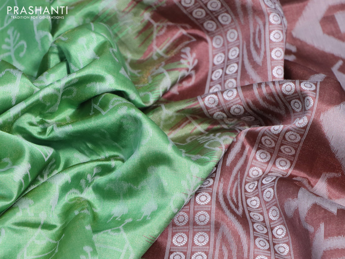 Sambalpuri semi silk saree green and brown with allover ikat weaves and thread woven border