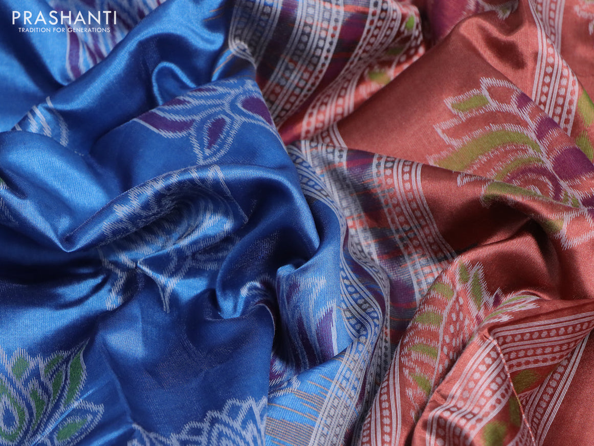 Sambalpuri semi silk saree blue and brown with allover ikat butta weaves and thread woven border